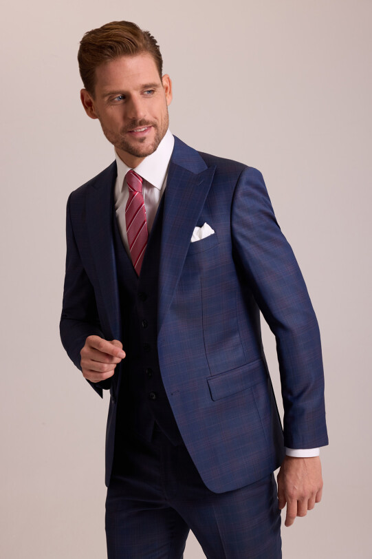 Erkek Lacivert Slim Fit Sivri Yaka Yelekli Yün Takım Elbise