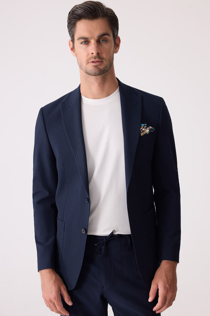 Erkek Lacivert Slim Fit Torba Cep Çizgili Jogger Pantolonlu Sivri Yaka Takım Elbise - 4