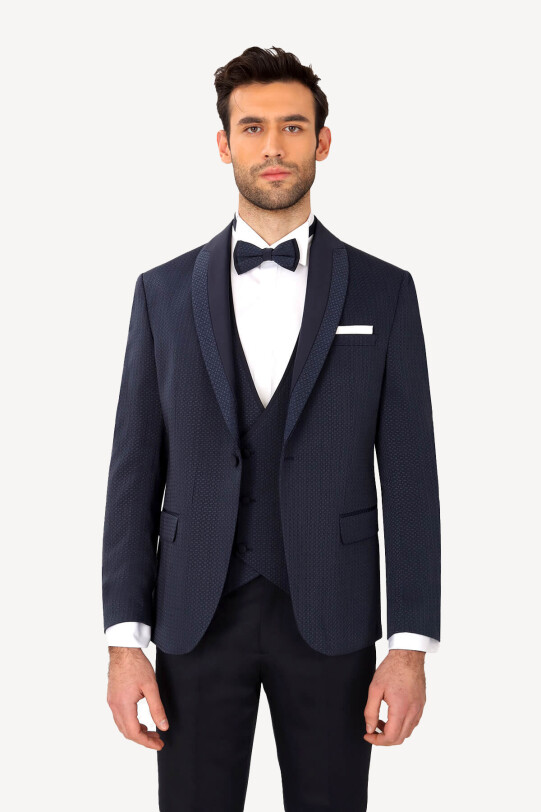 Erkek Lacivert Slim Fit Yelekli Çıkma Şal Yaka Damatlık