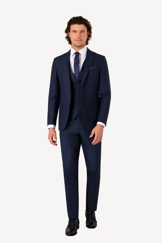 Erkek Lacivert Slim Fit Yelekli Kareli Desen Takım Elbise