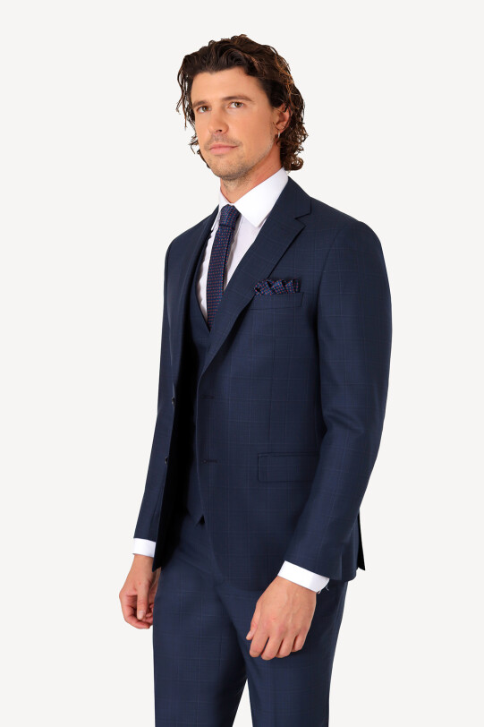 Erkek Lacivert Slim Fit Yelekli Kareli Desen Takım Elbise