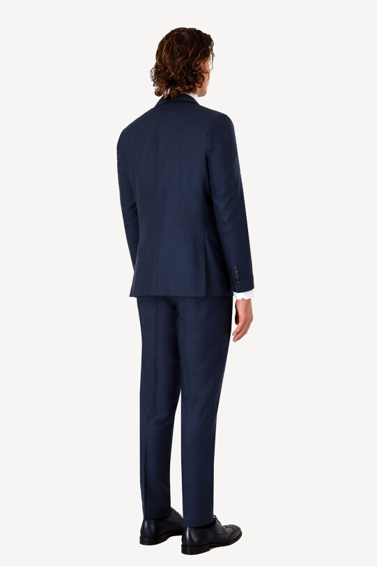 Erkek Lacivert Slim Fit Yelekli Kareli Desen Takım Elbise