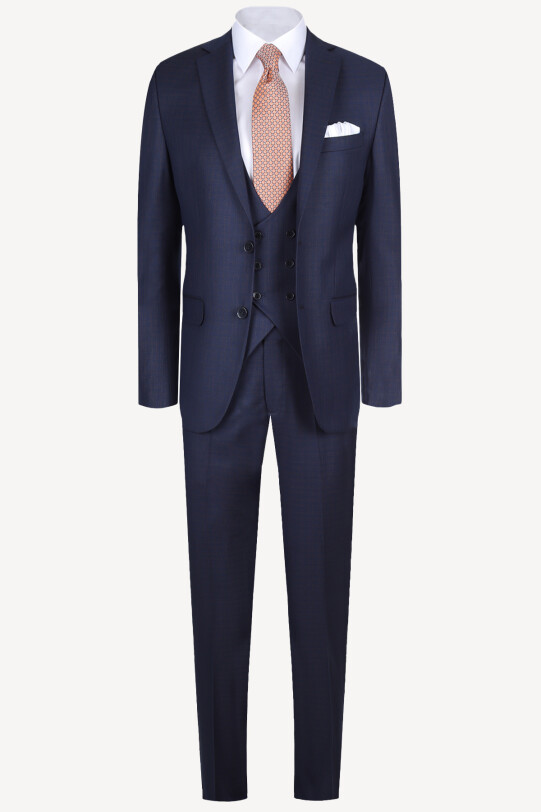 Erkek Lacivert Slim Fit Yelekli Kareli Takım Elbise