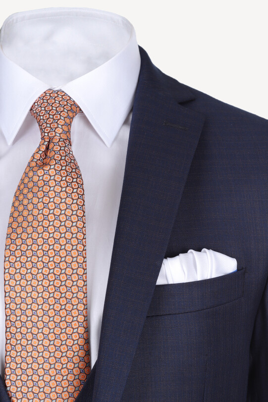 Erkek Lacivert Slim Fit Yelekli Kareli Takım Elbise