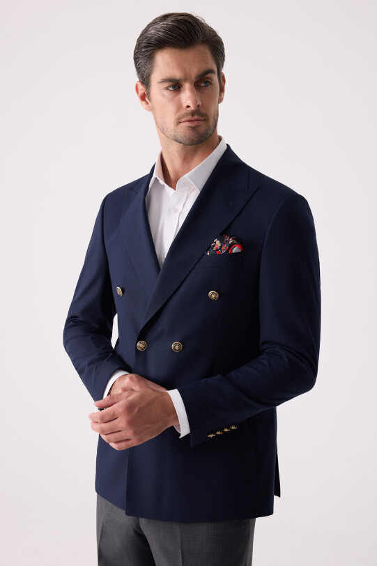 Erkek Lacivert Slim Fit Yün Puntolu Kruvaze Blazer Ceket