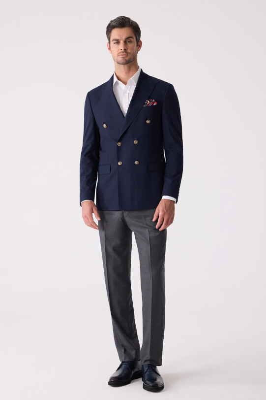 Erkek Lacivert Slim Fit Yün Puntolu Kruvaze Blazer Ceket