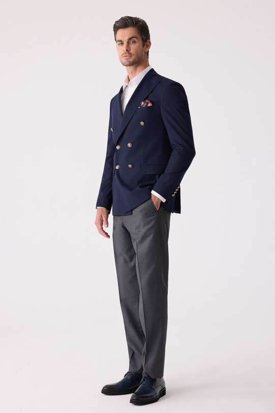 Erkek Lacivert Slim Fit Yün Puntolu Kruvaze Blazer Ceket