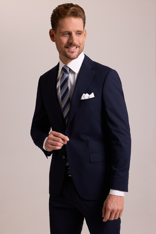 Erkek Lacivert Slim Fit Yünlü Likralı Mono Yaka Takım Elbise