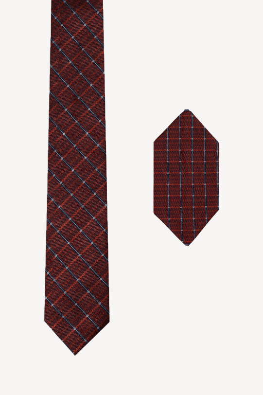 Erkek Lacivert Taba Çizgi Desenli Kravat Mendil Set - YSF