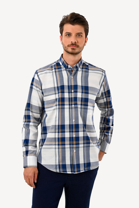 Erkek Lacivert Uzun Kol Kareli Regular Fit Yaka Düğmeli Gömlek