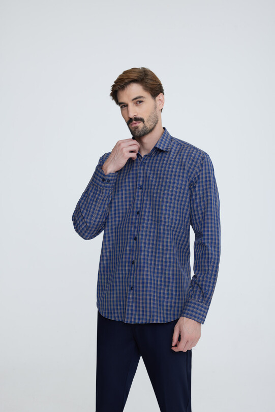 Erkek Lacivert Uzun Kol Regular Fit Yaka Düğmeli Gömlek