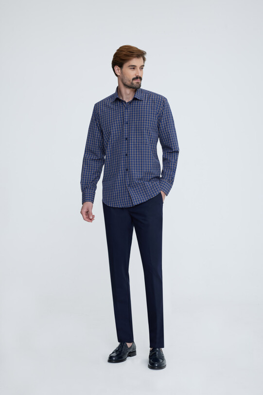 Erkek Lacivert Uzun Kol Regular Fit Yaka Düğmeli Gömlek