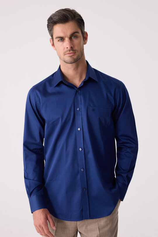 Erkek Lacivert Uzun Kol Saten Gömlek