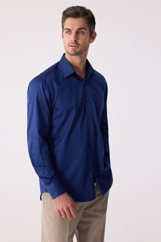 Erkek Lacivert Uzun Kol Saten Gömlek