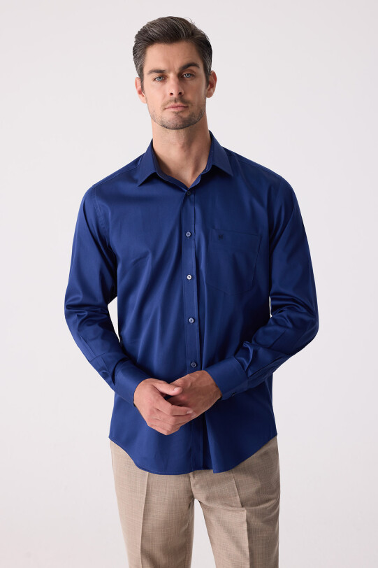 Erkek Lacivert Uzun Kol Saten Gömlek