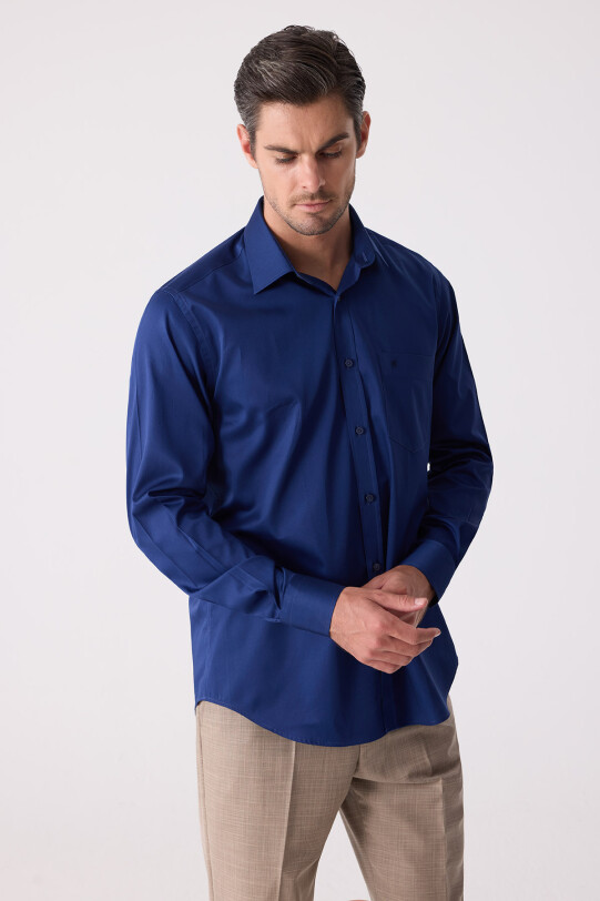Erkek Lacivert Uzun Kol Saten Gömlek