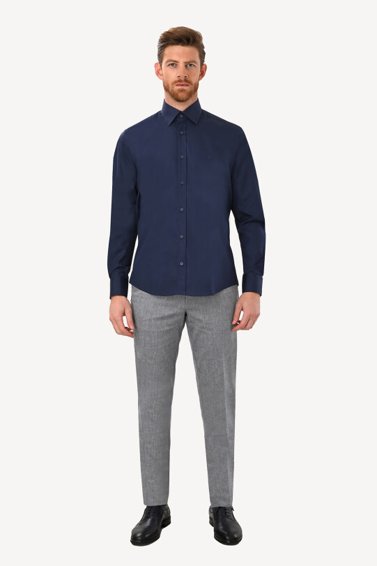Erkek Lacivert Uzun Kol Silim Fit Saten Gömlek