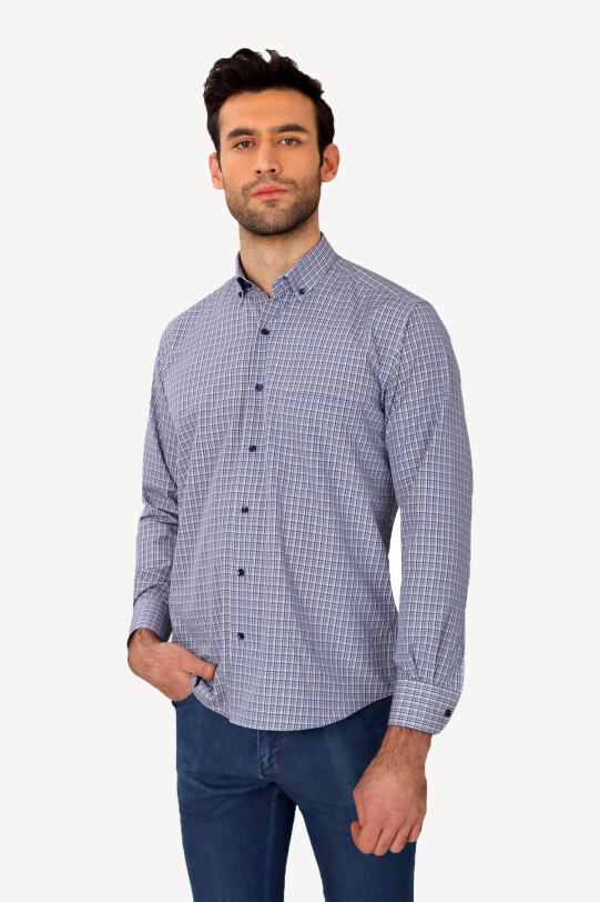 Erkek Lacivert Yaka Düğmeli Klasik Desenli Gömlek