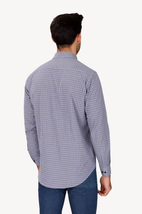 Erkek Lacivert Yaka Düğmeli Klasik Desenli Gömlek