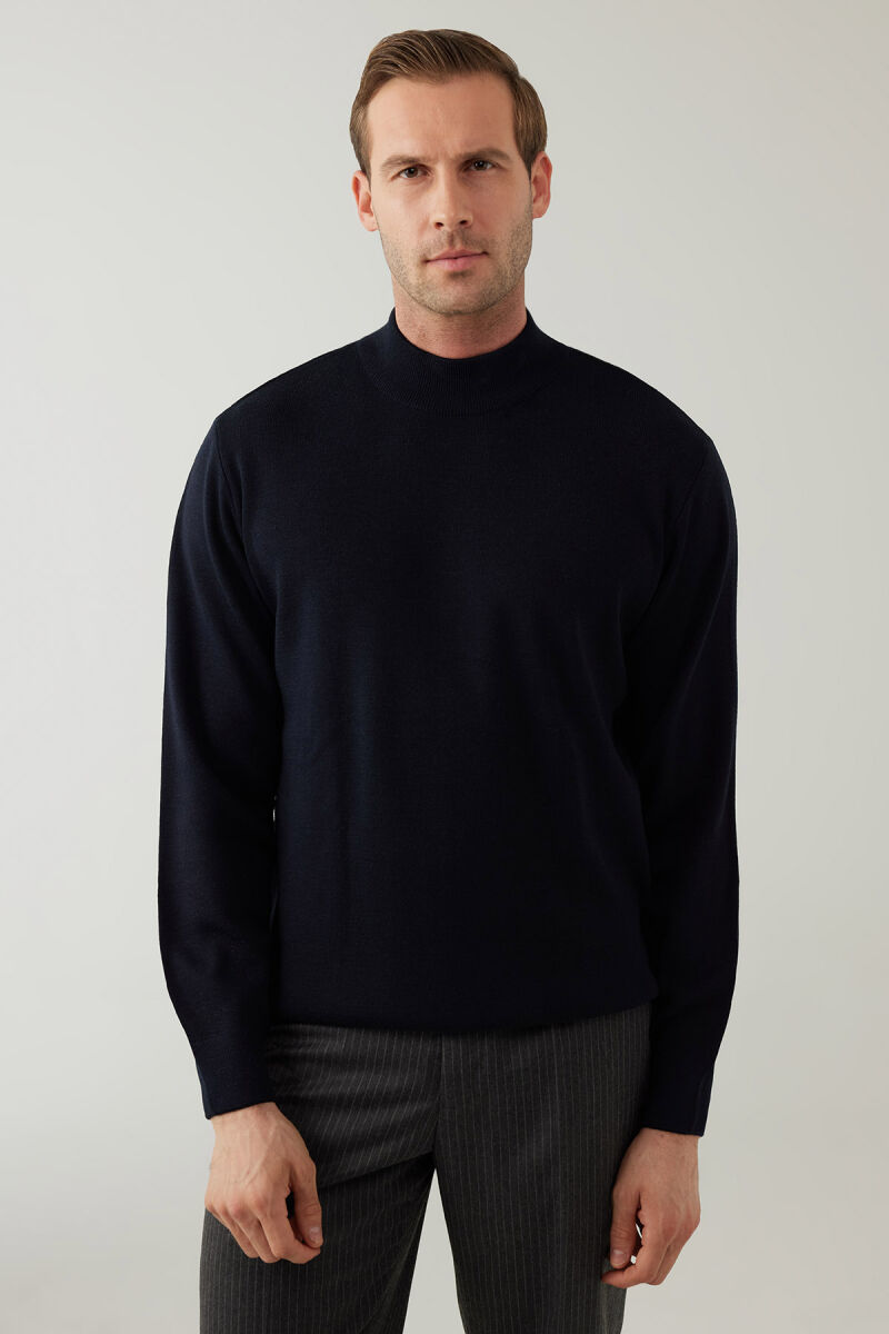 Erkek Lacivert Yarım Balıkçı Yaka Yünlü Triko - 2