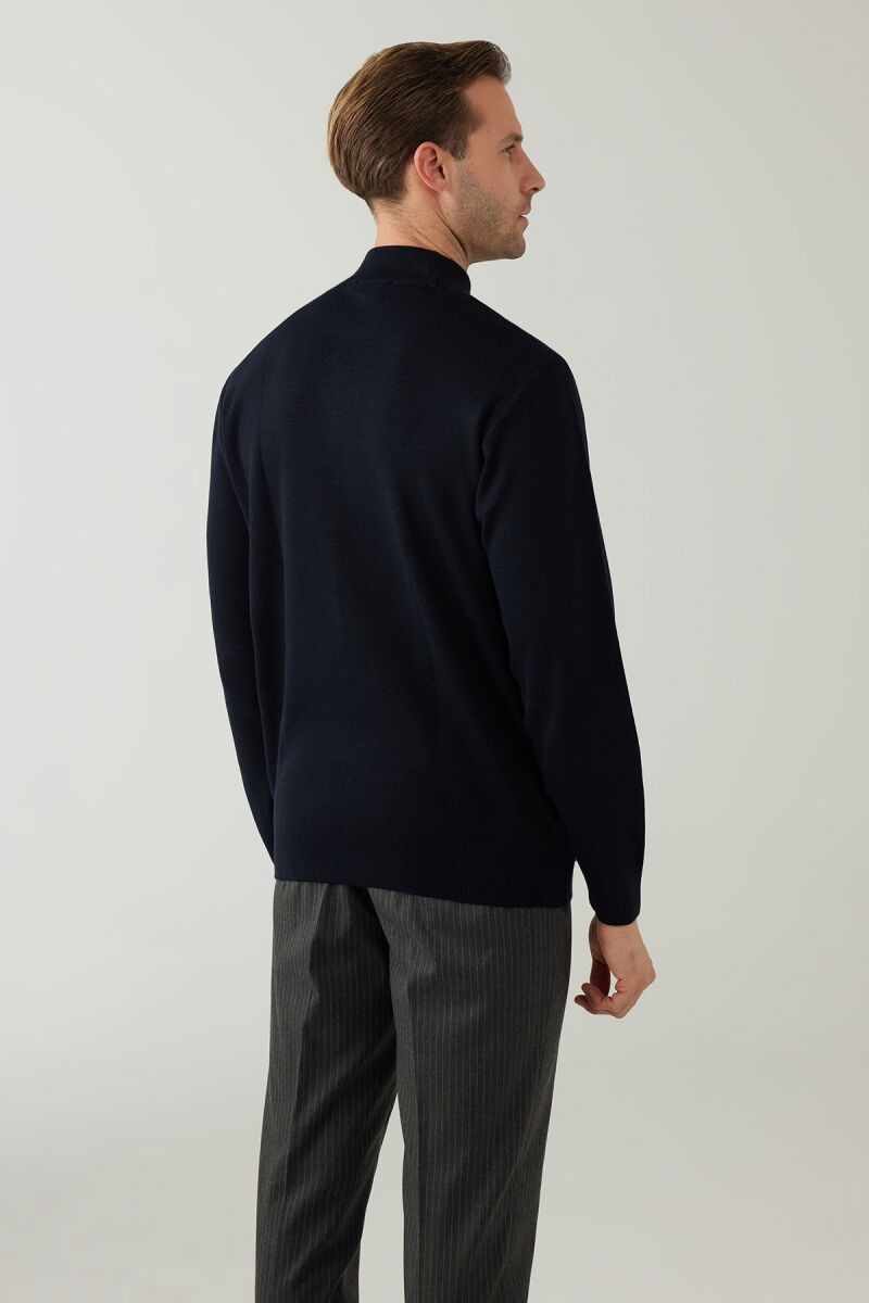 Erkek Lacivert Yarım Balıkçı Yaka Yünlü Triko - 8