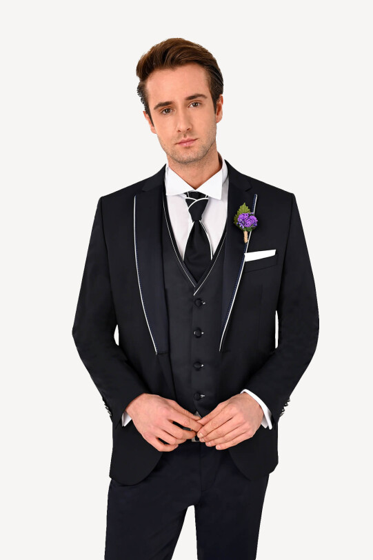 Erkek Lacivert Yelekli Mono Yaka Slim Fit Damatlık