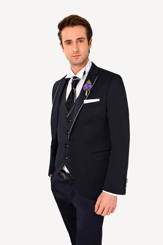 Erkek Lacivert Yelekli Mono Yaka Slim Fit Damatlık