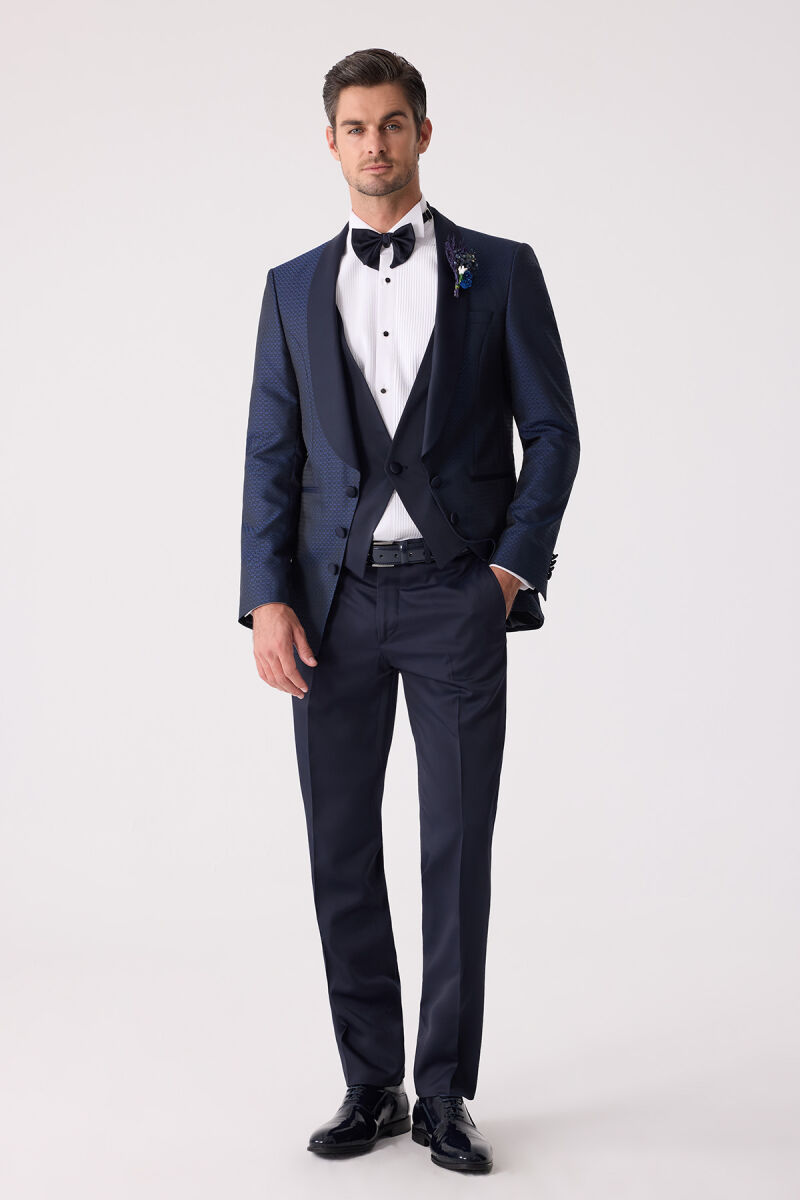 Erkek Lacivert Yelekli Slim Fit Damatlık - 1