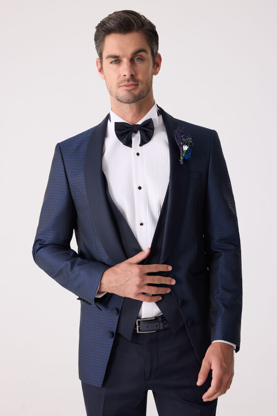 Erkek Lacivert Yelekli Slim Fit Damatlık