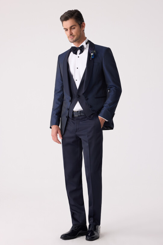 Erkek Lacivert Yelekli Slim Fit Damatlık