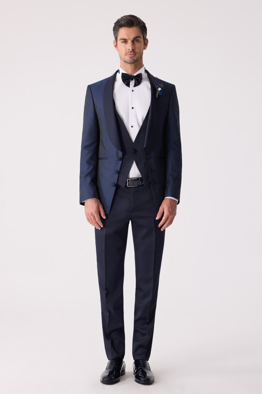 Erkek Lacivert Yelekli Slim Fit Damatlık