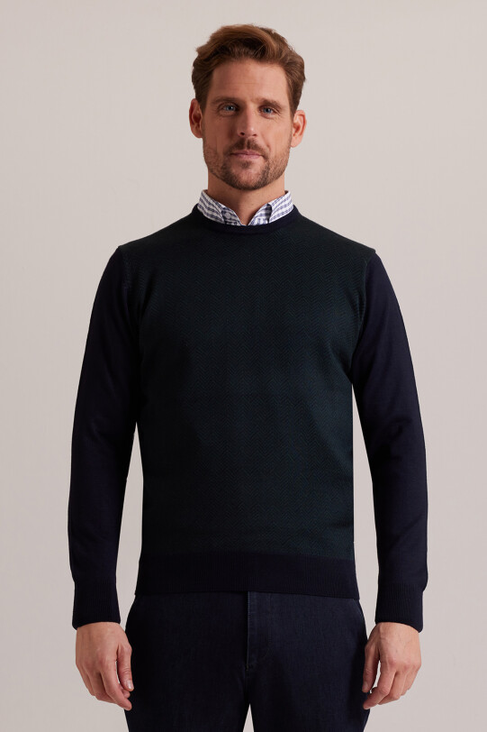 Erkek Lacivert Yeşil Bisiklet Yaka Desenli Triko