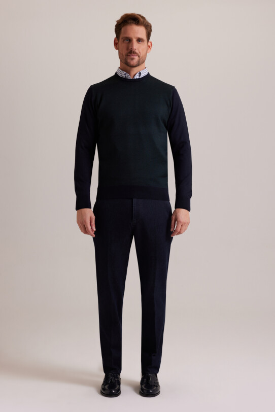 Erkek Lacivert Yeşil Bisiklet Yaka Desenli Triko