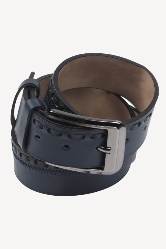 Erkek Lacivert Yeşil Desenli Spor Deri Kemer