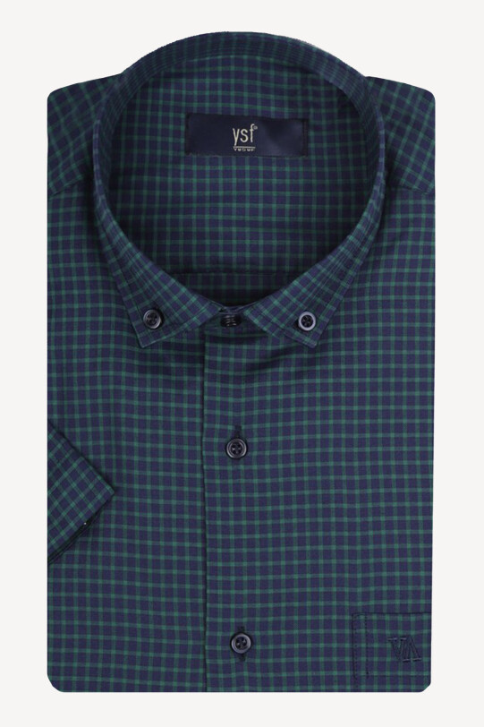 Erkek Lacivert Yeşil Kısa Kol Klasik Kareli Gömlek