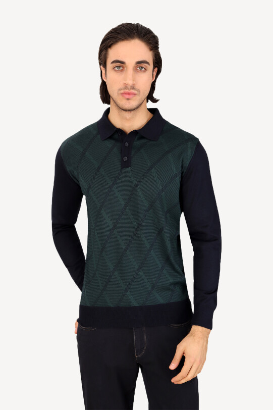 Erkek Lacivert Yeşil Polo Yaka Çizgi Desenli Triko