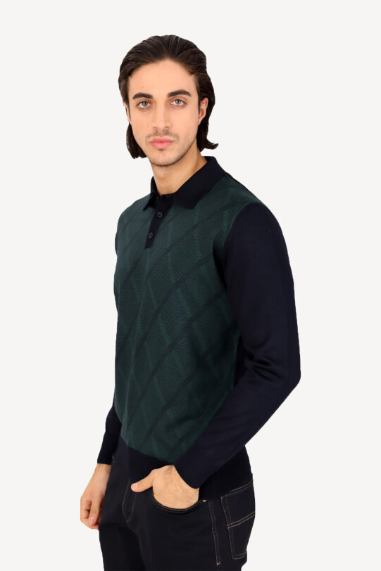 Erkek Lacivert Yeşil Polo Yaka Çizgi Desenli Triko