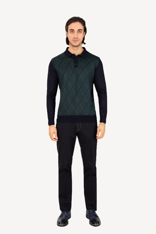 Erkek Lacivert Yeşil Polo Yaka Çizgi Desenli Triko