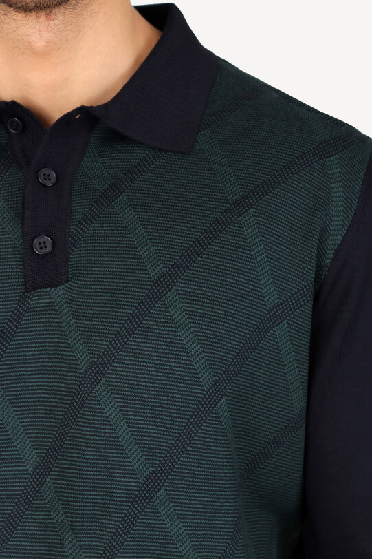 Erkek Lacivert Yeşil Polo Yaka Çizgi Desenli Triko