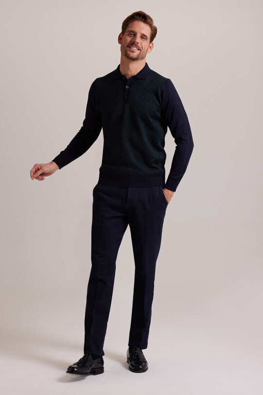 Erkek Lacivert Yeşil Polo Yaka Desenli Triko