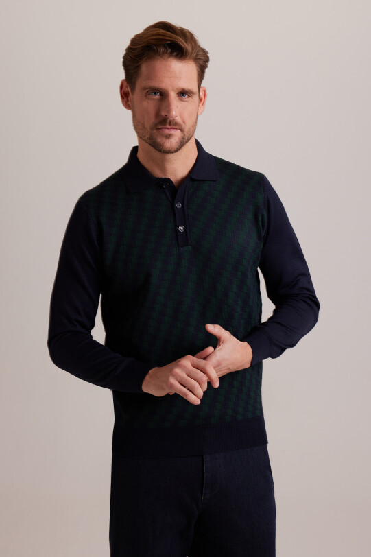 Erkek Lacivert Yeşil Polo Yaka Desenli Triko