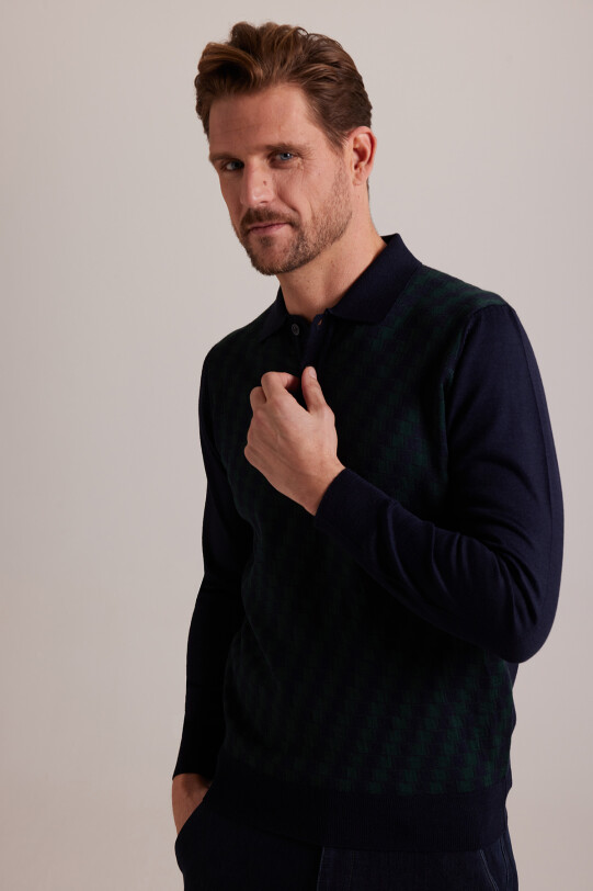 Erkek Lacivert Yeşil Polo Yaka Desenli Triko