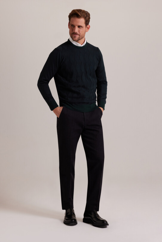 Erkek Lacivert Yeşil Regular Fit Baklava Desenli Bisiklet Yaka Triko