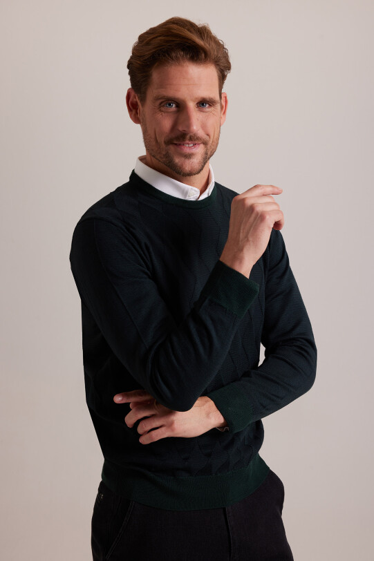 Erkek Lacivert Yeşil Regular Fit Baklava Desenli Bisiklet Yaka Triko