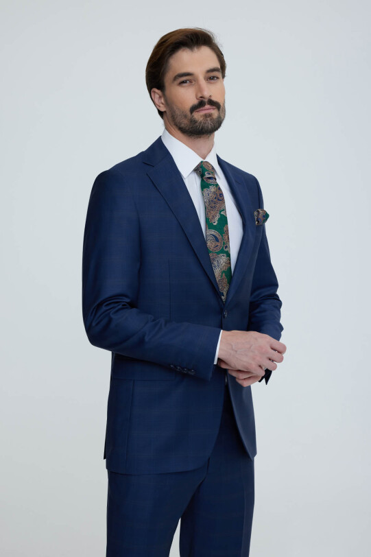 Erkek Lacivert Yeşil Regular Fit Kareli Desenli Takım Elbise