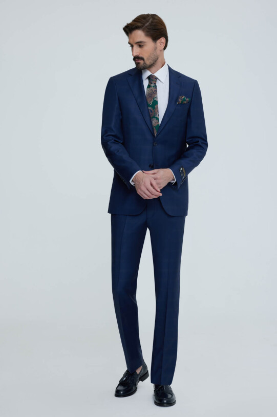 Erkek Lacivert Yeşil Regular Fit Kareli Desenli Takım Elbise