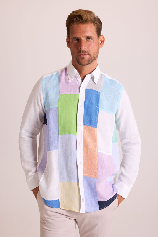 Erkek Beyaz Regular Fit Uzun Kol Keten Gömlek