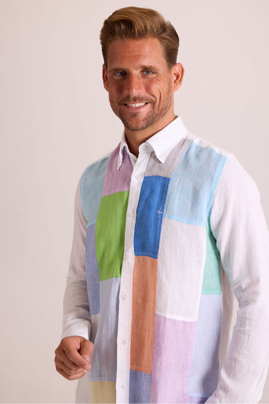 Erkek Beyaz Regular Fit Uzun Kol Keten Gömlek