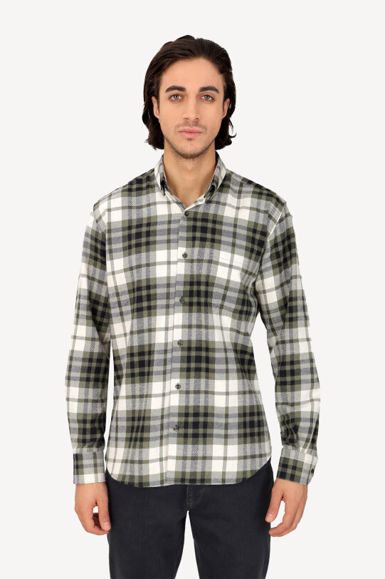 Erkek Lacivert Yeşil Regular Fit Yaka Düğmeli Oduncu Gömlek