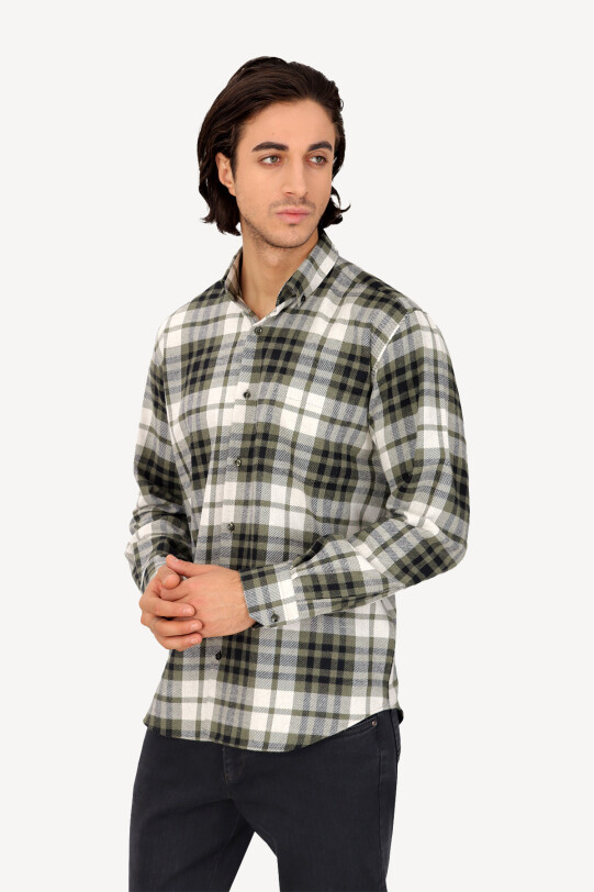 Erkek Lacivert Yeşil Regular Fit Yaka Düğmeli Oduncu Gömlek